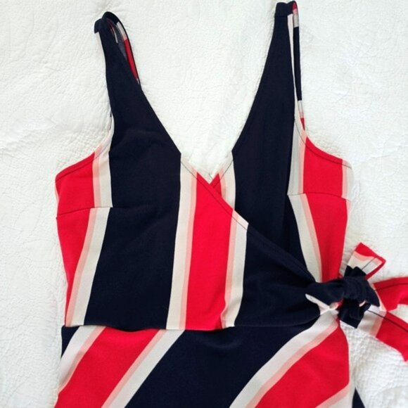 Express Women's Faux Mini Wrap Dress Size Small Navy Blue Red White Sleeveless - Picture 6 of 14